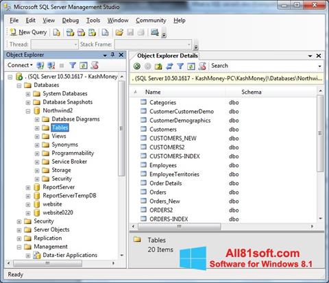 ภาพหน้าจอ Microsoft SQL Server สำหรับ Windows 8.1