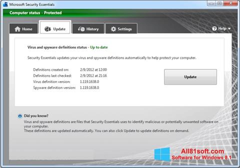 ภาพหน้าจอ Microsoft Security Essentials สำหรับ Windows 8.1